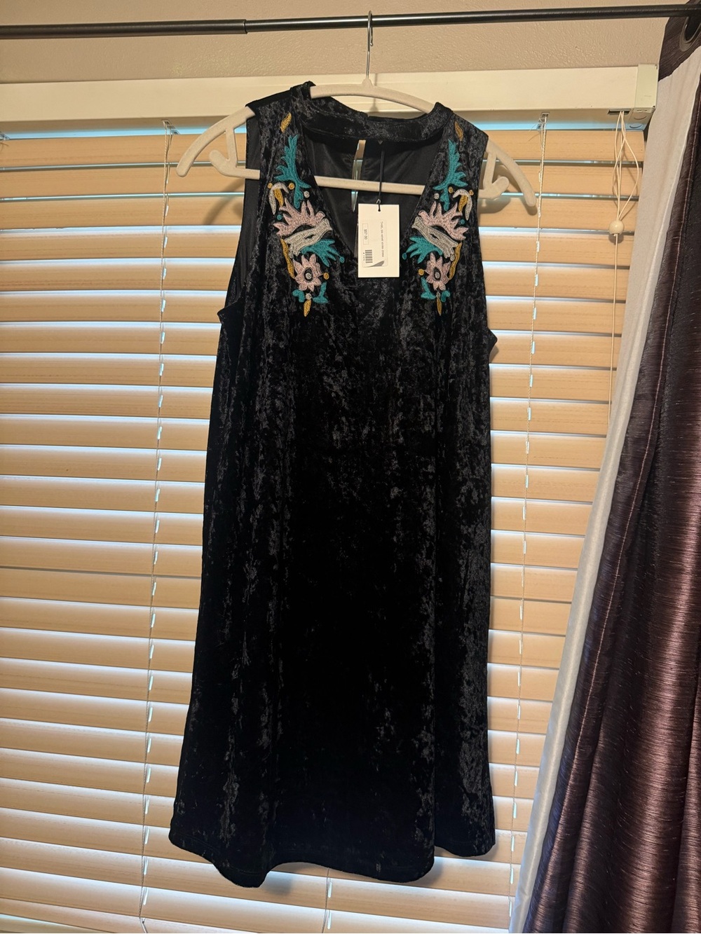 THML Black Velvet Mini Dress with Teal & Pink Embroidery